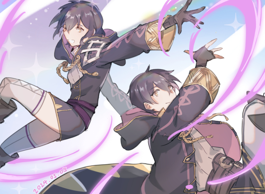 1boy, 1girl, black_boots, black_gloves, black_hair, black_robe, boots, brown_eyes