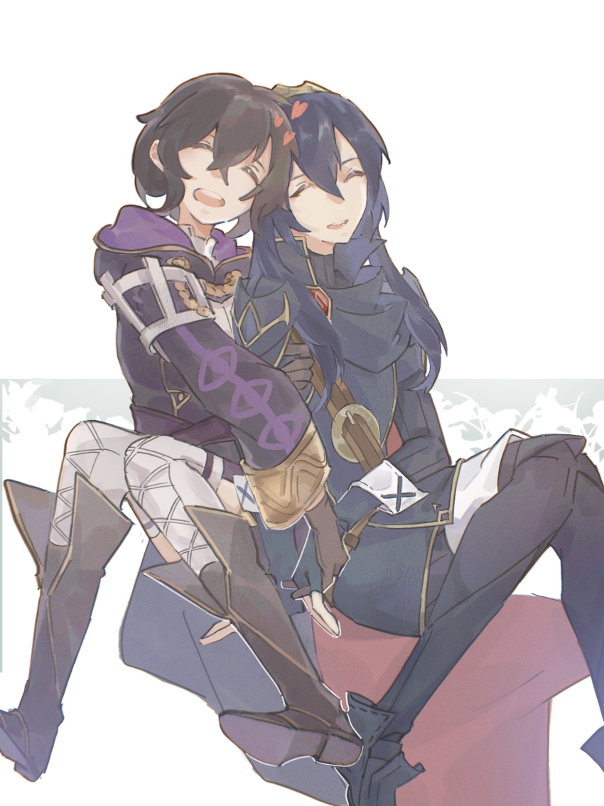 2girls, absurdres, arm_hug, black_hair, blue_boots, blue_gloves, blue_hair, boots, brown_boots, brown_gloves, closed_eyes, commentary_request, commission, eyes_of_grima, female_morgan_(fire_emblem), fire_emblem, fire_emblem_awakening, fire_emblem_heroes, gloves, heads_together, heart, highres, holding_hands, hood, hoodie, hug, lucina_(fire_emblem), multiple_girls, nintendo, pixiv_commission, queqiansuzume, simple_background, sitting, smile, spoken_heart, white_background, white_wrist_cuffs, wrist_cuffs, yuri