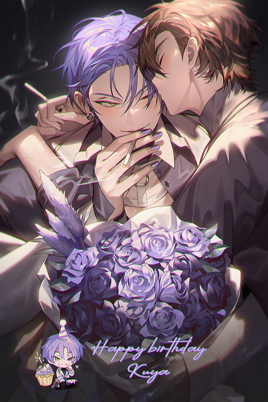 2boys, baegji13, black_background, black_shirt, blush, bouquet, brown_hair, chibi