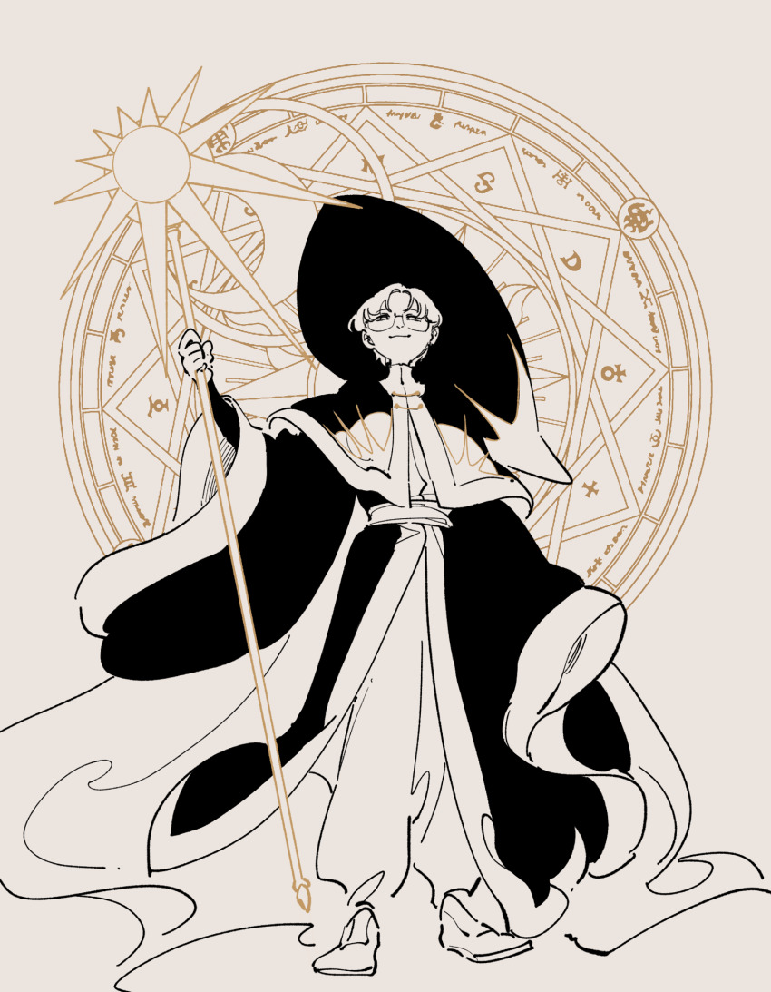 1boy, cardcaptor_sakura, flat_color, full_body, glasses, hat, highres, hiiragizawa_eriol