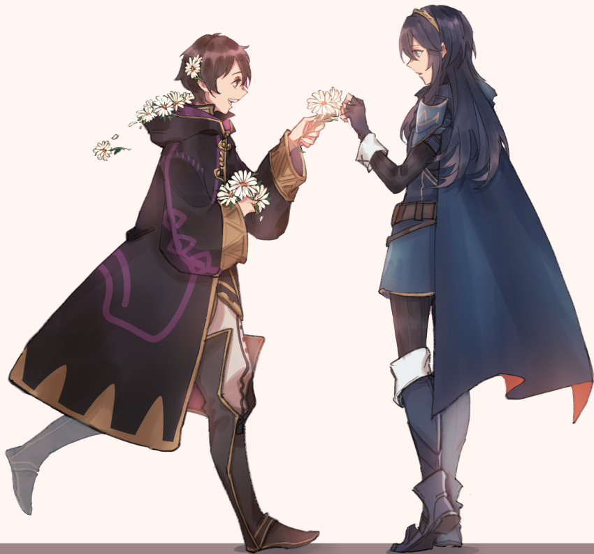 1boy, 1girl, :d, black_hair, black_robe, blue_boots, blue_cape, blue_dress