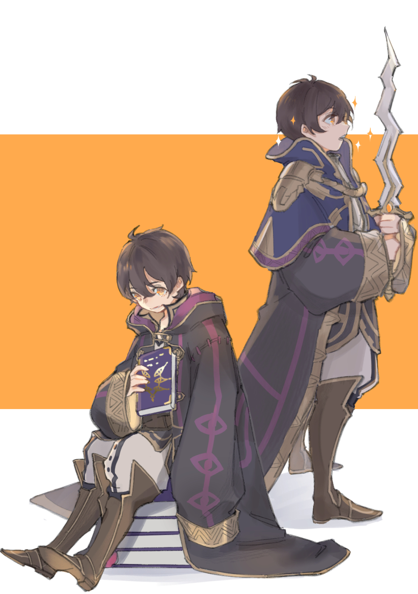 2boys, black_robe, book, book_stack, boots, brown_boots, cosplay, dual_persona