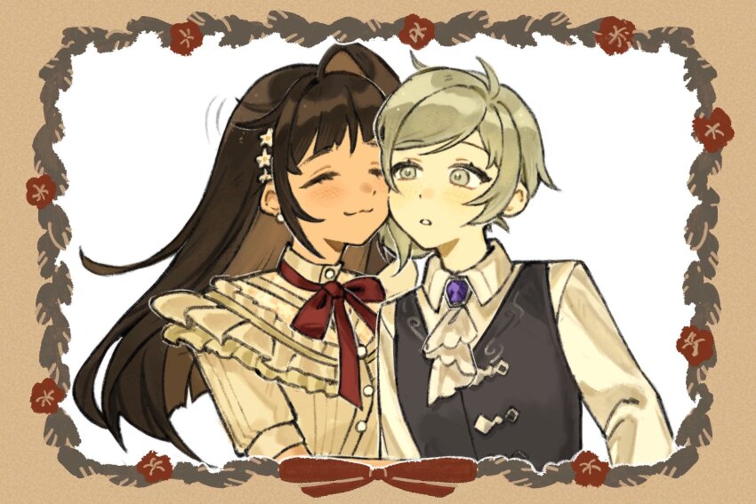 2girls, :o, ^_^, albadove, ascot, black_hair, black_vest, border