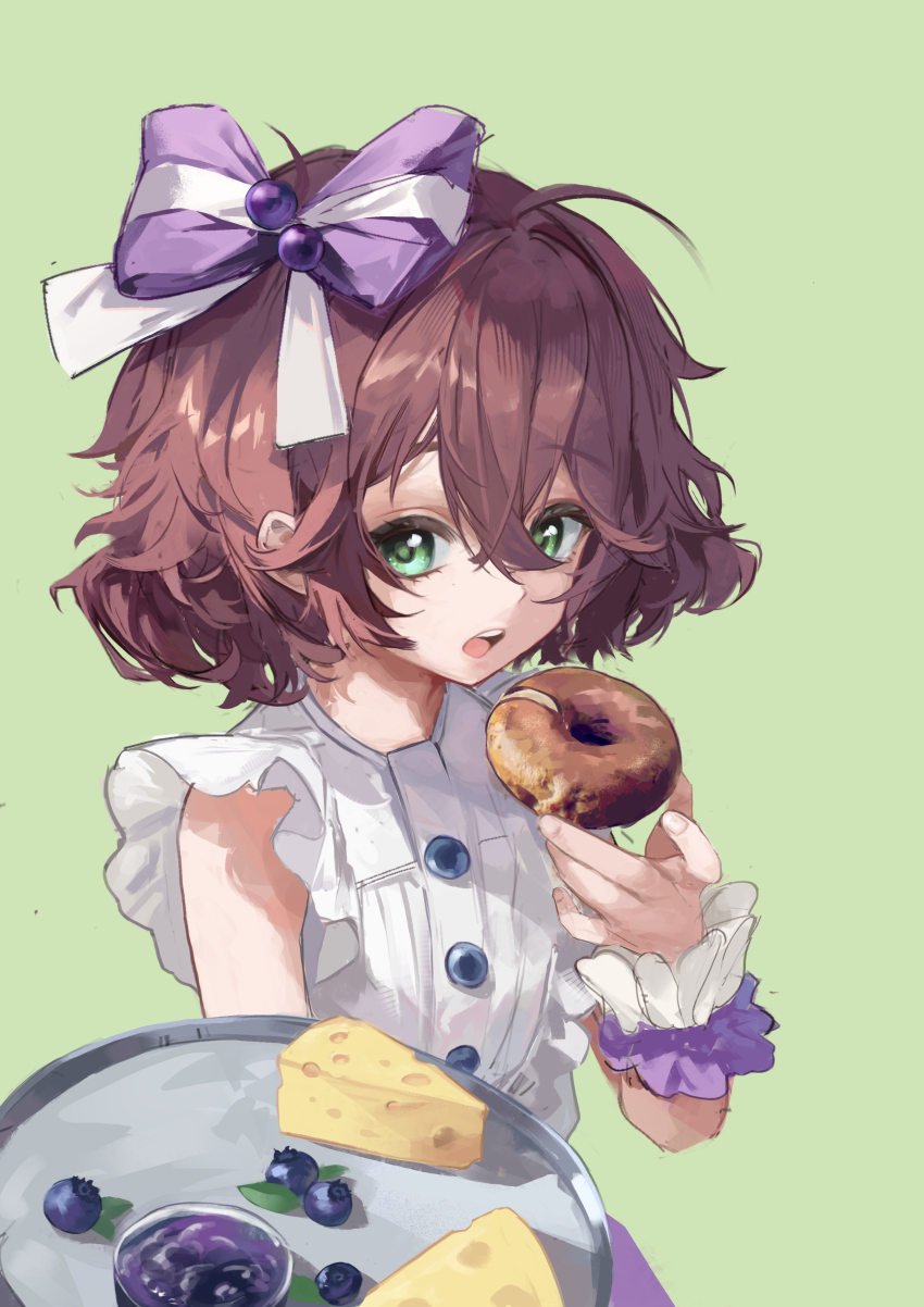 1girl, absurdres, bagel, blue_eyes, blueberry, bow, cheese, flutterpage