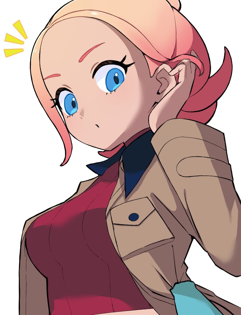 1girl, blonde_hair, breasts, brown_jacket, commentary, gen_2_pokemon, hand_up, jacket