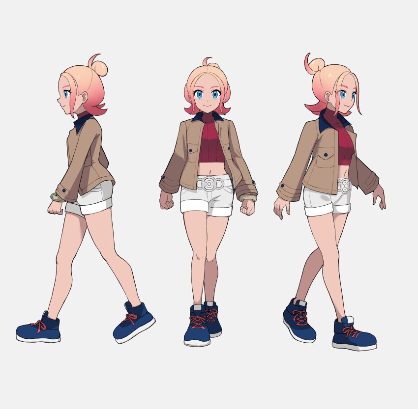 1girl, absurdres, blonde_hair, blue_eyes, blue_shoes, bracelet, brown_jacket, closed_mouth, commentary, cropped_shirt, grey_background, hair_bun, highres, jacket, jewelry, knees, meru_merume603, midriff, multiple_views, navel, nintendo, open_clothes, open_jacket, pokemon, pokemon_legends:_z-a, red_shirt, reference_sheet, shirt, shoes, shorts, single_hair_bun, smile, standing, taunie_(pokemon), walking, white_shorts