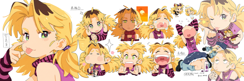 +_+, 1girl, :3, :p, =_=, arm_warmers, blonde_hair, brown_hair