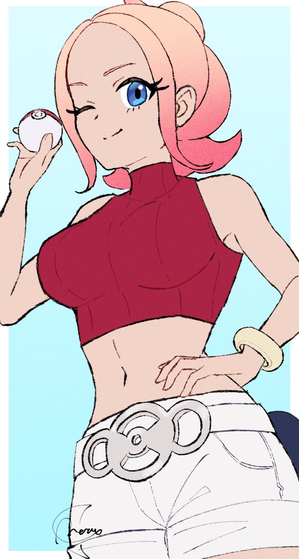 1girl, ;), blonde_hair, blue_eyes, bracelet, breasts, closed_mouth, commentary