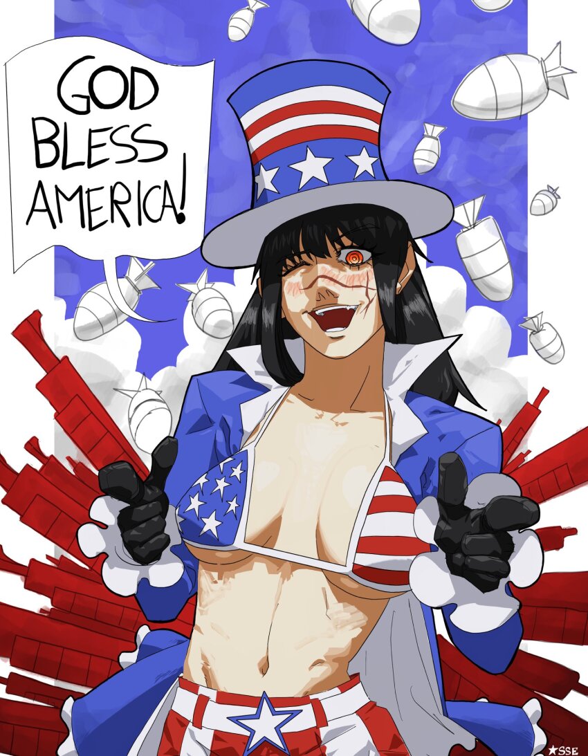 1girl, american_flag, american_flag_print, bikini, bikini_top_only, black_gloves, blue_jacket, breasts