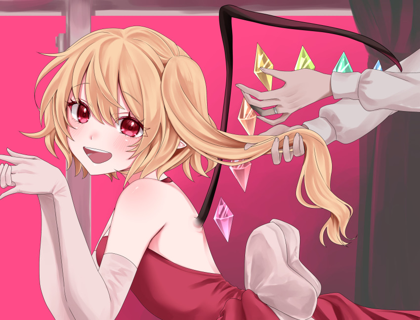 1girl, 1other, :d, absurdres, alternate_costume, backless_outfit, bare_shoulders, blonde_hair