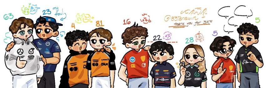 1girl, 6+boys, 83tanawin, :d, alexander_albon, artist_name, black_eyes, black_hair