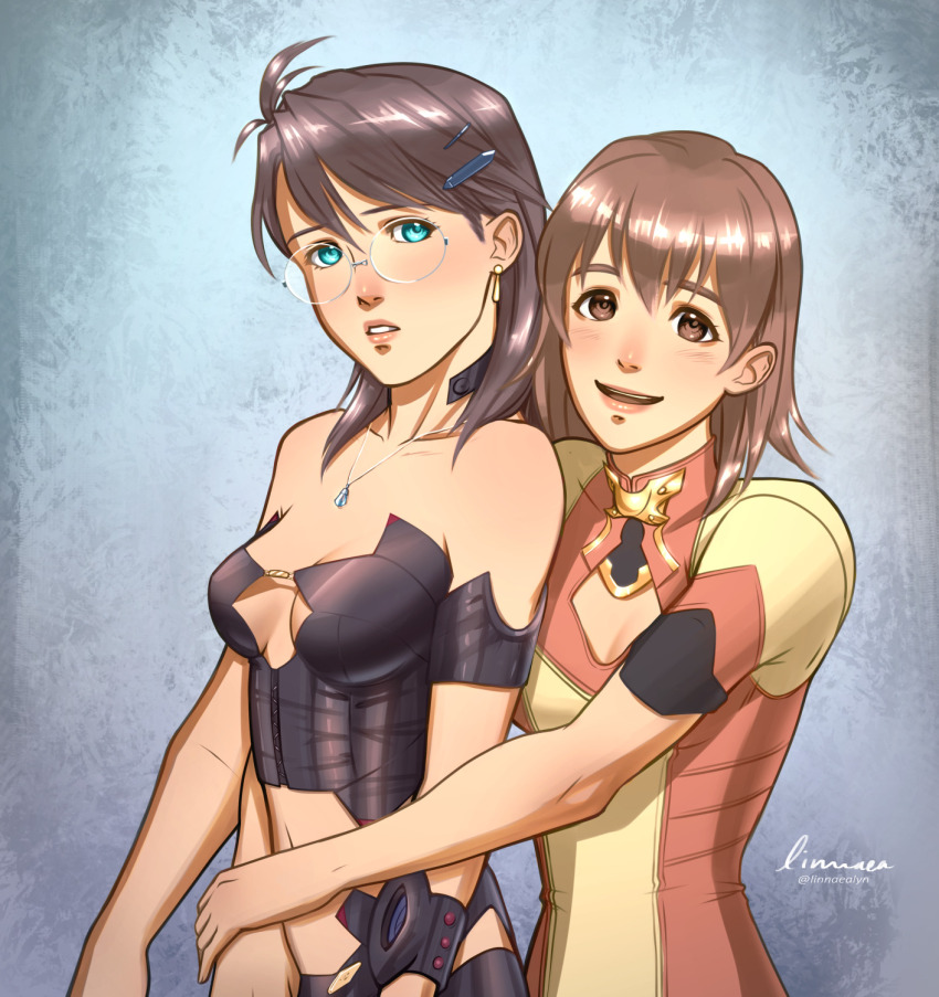2girls, artist_name, blue_eyes, breasts, brown_eyes, brown_hair, cleavage, cleavage_cutout