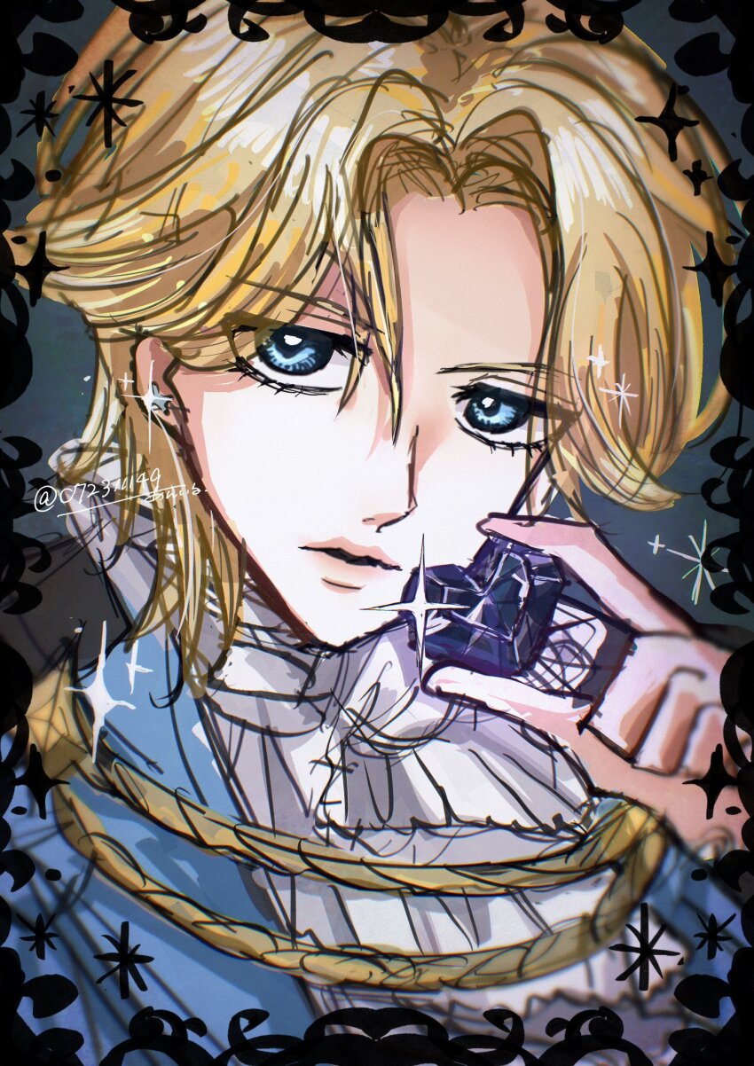 1boy, aniru, ascot, blonde_hair, blue_eyes, closed_mouth, glint, heart