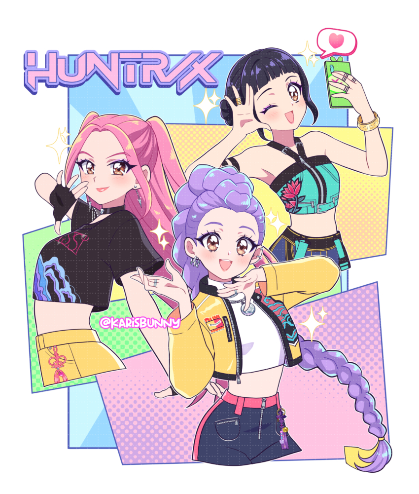 3girls, black_hair, braid, braided_ponytail, brown_eyes, commentary, crop_top, cropped_jacket, double_bun, earrings, fingerless_gloves, gloves, group_name, hair_bun, halterneck, highres, jacket, jewelry, karisbunny, kpop_demon_hunters, long_hair, mira_(kpop_demon_hunters), multiple_girls, one_eye_closed, open_mouth, pink_hair, pink_lips, purple_hair, ring, rumi_(kpop_demon_hunters), sidelocks, smile, sparkle, turtleneck, twitter_username, yellow_jacket, zoey_(kpop_demon_hunters)