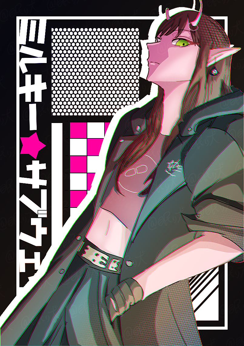 1girl, antenna_piercing, antennae, broken_antenna, brown_hair, coat, collarbone, colored_skin