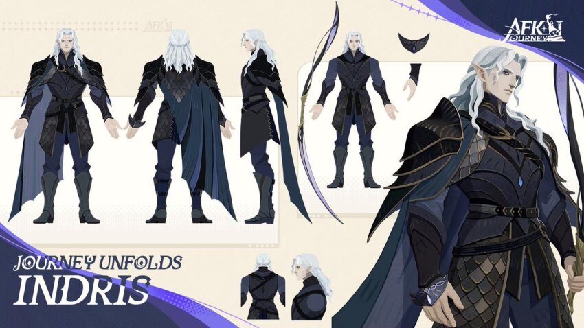 1boy, afk_(series), afk_journey, armor, belt, black_belt, black_boots, black_cape, black_shirt, black_tunic, blue_cape, blue_pants, boots, bow_(weapon), braid, cape, character_name, chest_belt, closed_mouth, commentary, copyright_name, english_commentary, facing_away, grey_hair, half_up_braid, holding, holding_bow_(weapon), holding_weapon, indris_(afk), long_hair, long_sleeves, looking_at_viewer, male_focus, multicolored_hair, multiple_views, official_art, pants, parted_hair, pauldrons, pointy_ears, profile, purple_eyes, reference_sheet, serious, shirt, shoulder_armor, single_braid, tunic, vambraces, weapon, white_hair, yellow_background