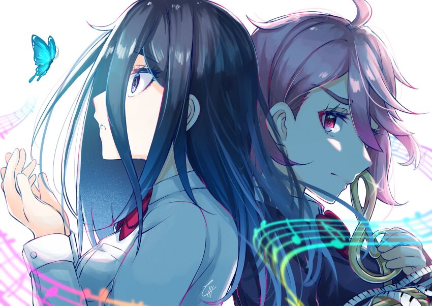 2girls, back-to-back, black_hair, blue_butterfly, blue_jacket, bow, bowtie, bug