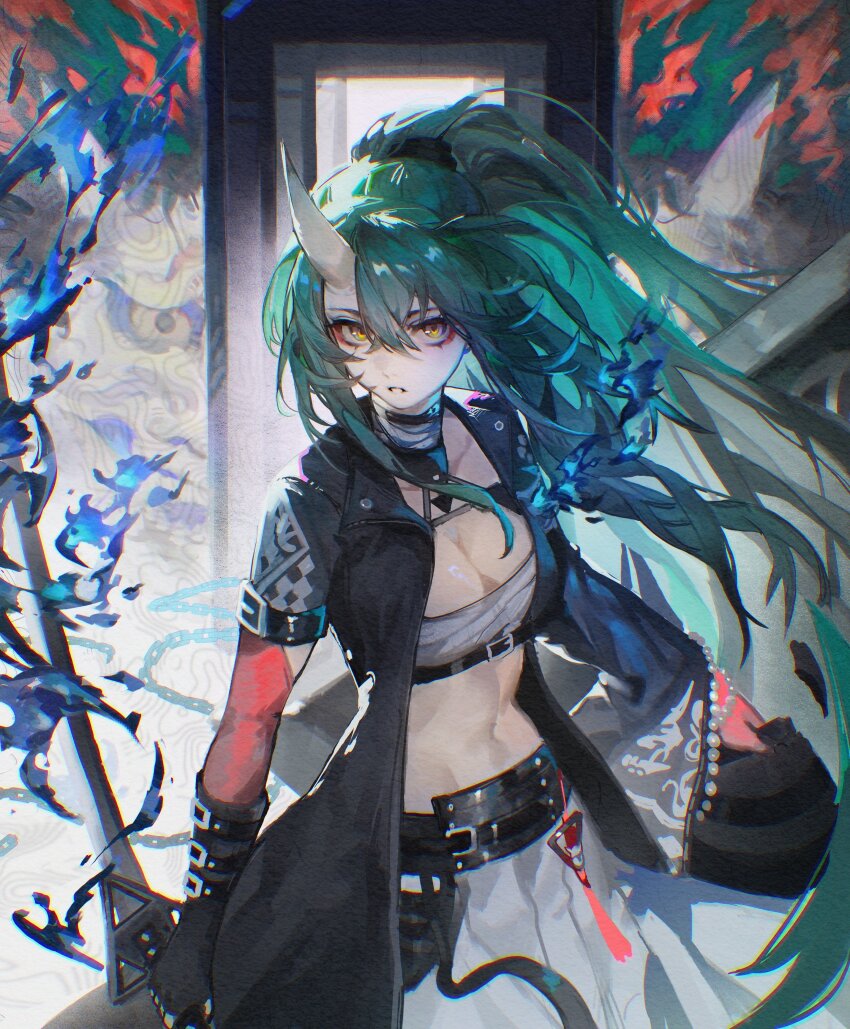 1girl, absurdres, arknights, black_gloves, black_jacket, blue_fire, breasts, chest_sarashi