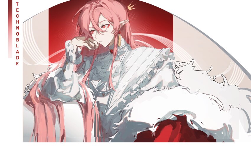 1boy, absurdres, androgynous, animification, ascot, bishounen, bored, brooch