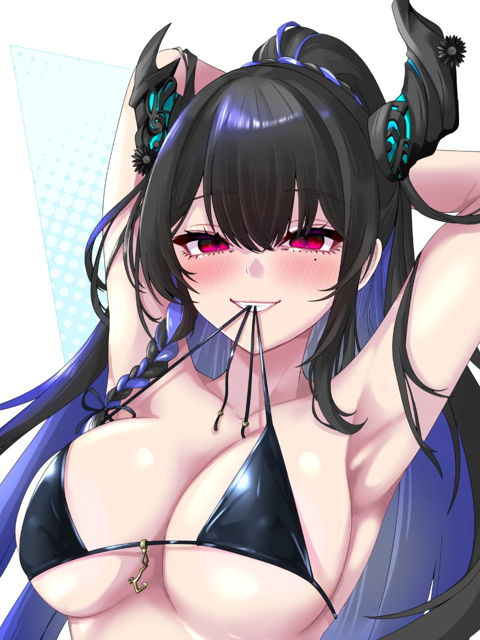 1girl, arms_behind_head, asymmetrical_horns, bikini, black_bikini, black_hair, black_horns, blue_hair