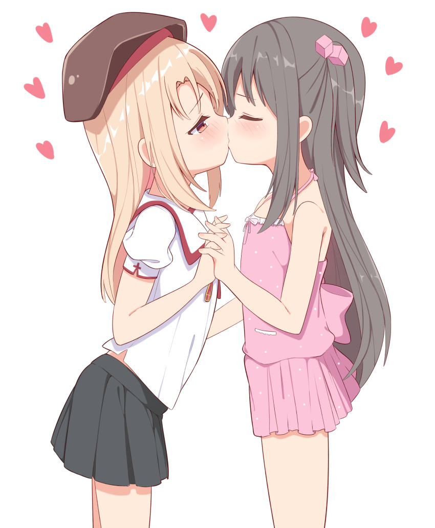 2girls, absurdres, adachi_tenka, bare_arms, bare_shoulders, beret, black_hair, black_skirt