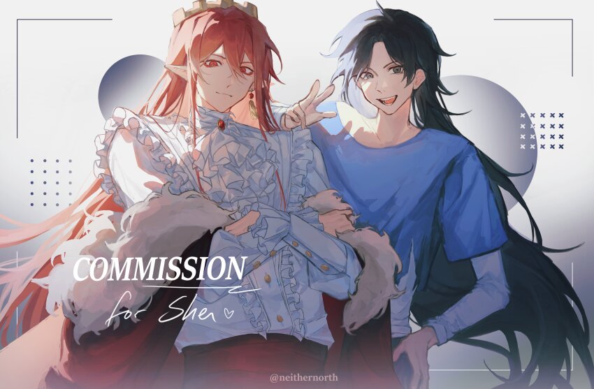 2boys, absurdres, androgynous, animification, bishounen, black_hair, blue_shirt, border