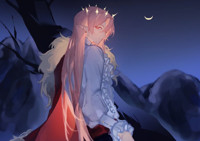 1boy, absurdres, androgynous, animification, bishounen, cape, commentary, crescent_moon, fur-trimmed_cape, fur_trim, hair_between_eyes, halo, highres, humanization, long_hair, long_sleeves, looking_at_viewer, male_focus, minecraft_youtube, moon, night, noir_(neithernorth), outdoors, pink_hair, pointy_ears, red_cape, red_eyes, shirt, solo, untranslatable_commentary, technoblade, tree, unfinished, very_long_hair, white_shirt