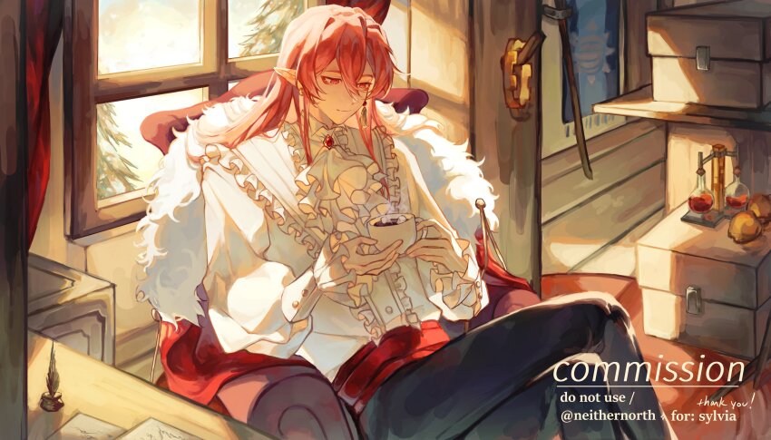 1boy, absurdres, androgynous, animification, antarctic_empire_flag, apple, ascot, bishounen, black_pants, bottle, brewing_stand, brooch, cape, chest_(furniture), commentary, commission, crossed_legs, crown, cup, flag, food, fruit, fur-trimmed_cape, fur_trim, golden_apple, hair_between_eyes, highres, holding, holding_cup, humanization, indoors, jewelry, long_hair, long_sleeves, male_focus, minecraft, minecraft_youtube, mug, noir_(neithernorth), pants, pink_hair, pointy_ears, potion, red_cape, red_eyes, red_sash, sash, shirt, sitting, smpearth, solo, untranslatable_commentary, technoblade, unworn_crown, watermark, white_shirt, window