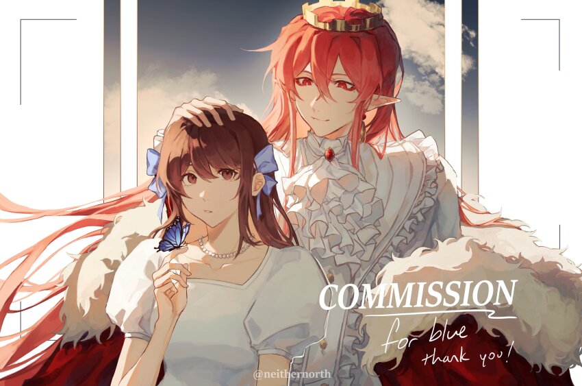 1boy, 1girl, absurdres, androgynous, animification, bishounen, blue_ribbon, brown_eyes, brown_hair, bug, butterfly, cape, commentary, commission, commissioner_insert, crown, dress, fur-trimmed_cape, fur_trim, gold_crown, hair_between_eyes, hair_ribbon, hand_on_another's_head, highres, humanization, insect, jewelry, long_hair, long_sleeves, looking_at_another, minecraft_youtube, necklace, noir_(neithernorth), oc_x_canon, original, pearl_necklace, pink_hair, pointy_ears, red_cape, red_eyes, ribbon, shirt, smile, technoblade, very_long_hair, watermark, white_dress, white_shirt