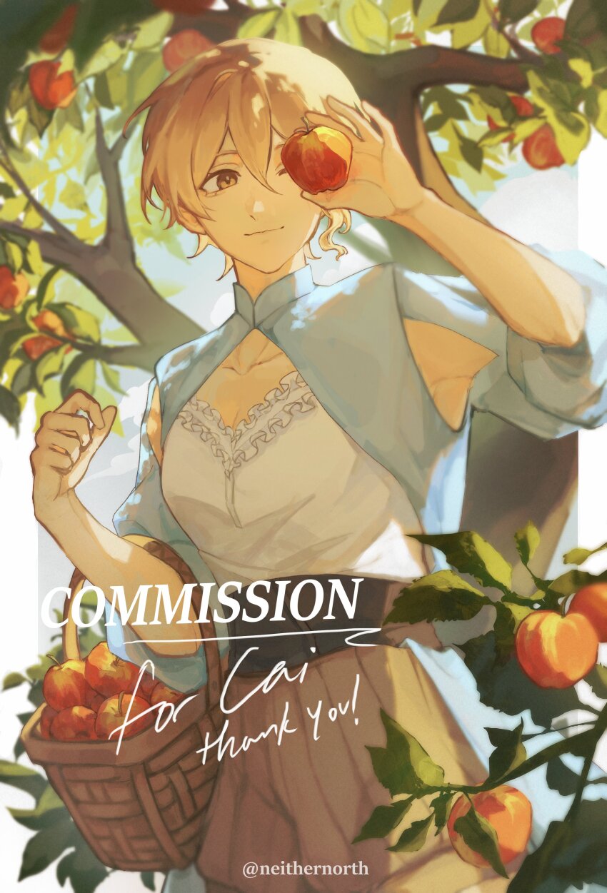 1girl, absurdres, aegyo_sal, androgynous, apple_tree, basket, belt, black_belt