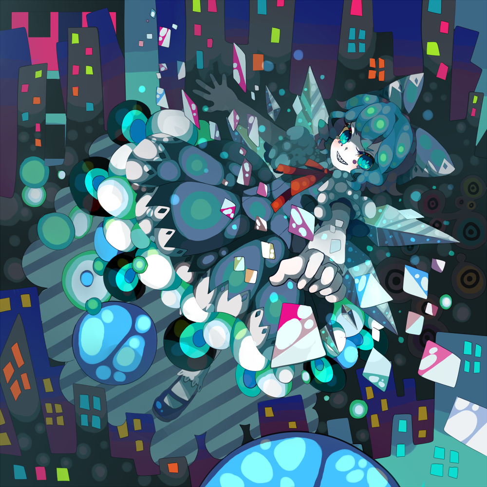 1girl, bad_id, bad_pixiv_id, blue_dress, blue_hair, bow, building, cirno