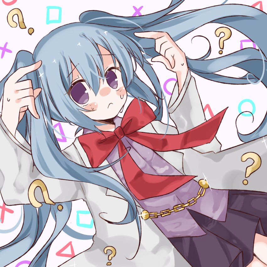 1girl, ?, blue_hair, blush, bow, bowtie, chain, confused