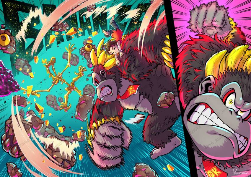 artist_name, barefoot, bracelet, breaking, clenched_teeth, club_(weapon), crockoid_(donkey_kong), debris