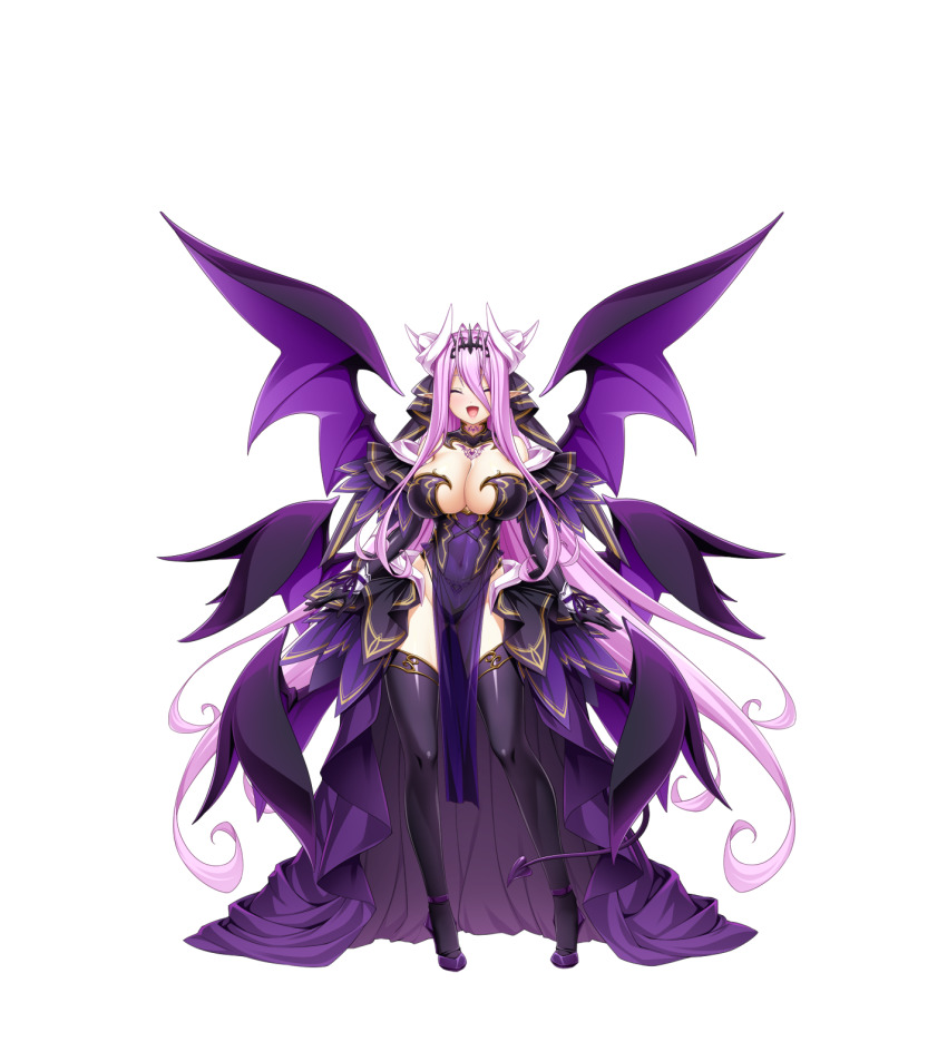 1girl, absurdly_long_hair, black_thighhighs, breasts, chest_tattoo, cleavage, closed_eyes, covered_navel