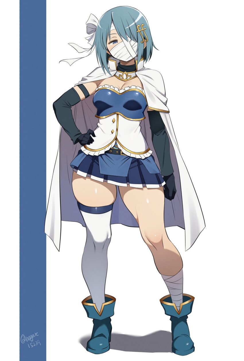 1girl, bandaged_head, bandages, blue_eyes, blue_hair, bow, breasts, cape, cleavage, fortissimo, gloves, hair_ornament, highres, magical_girl, mahou_shoujo_madoka_magica, mahou_shoujo_madoka_magica_(anime), mahou_shoujo_madoka_magica_movie_1_&amp;_2, medium_breasts, miki_sayaka, miki_sayaka_(magical_girl), musical_note, nagare_(flow), short_hair, skirt, solo, soul_gem, stomach_jewel, thick_thighs, thighhighs, thighs, white_cape