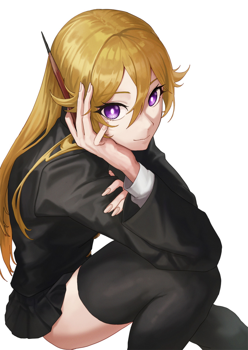 1boy, ayukawa_ryuuji, black_jacket, black_skirt, black_thighhighs, blonde_hair, blue_period, closed_mouth