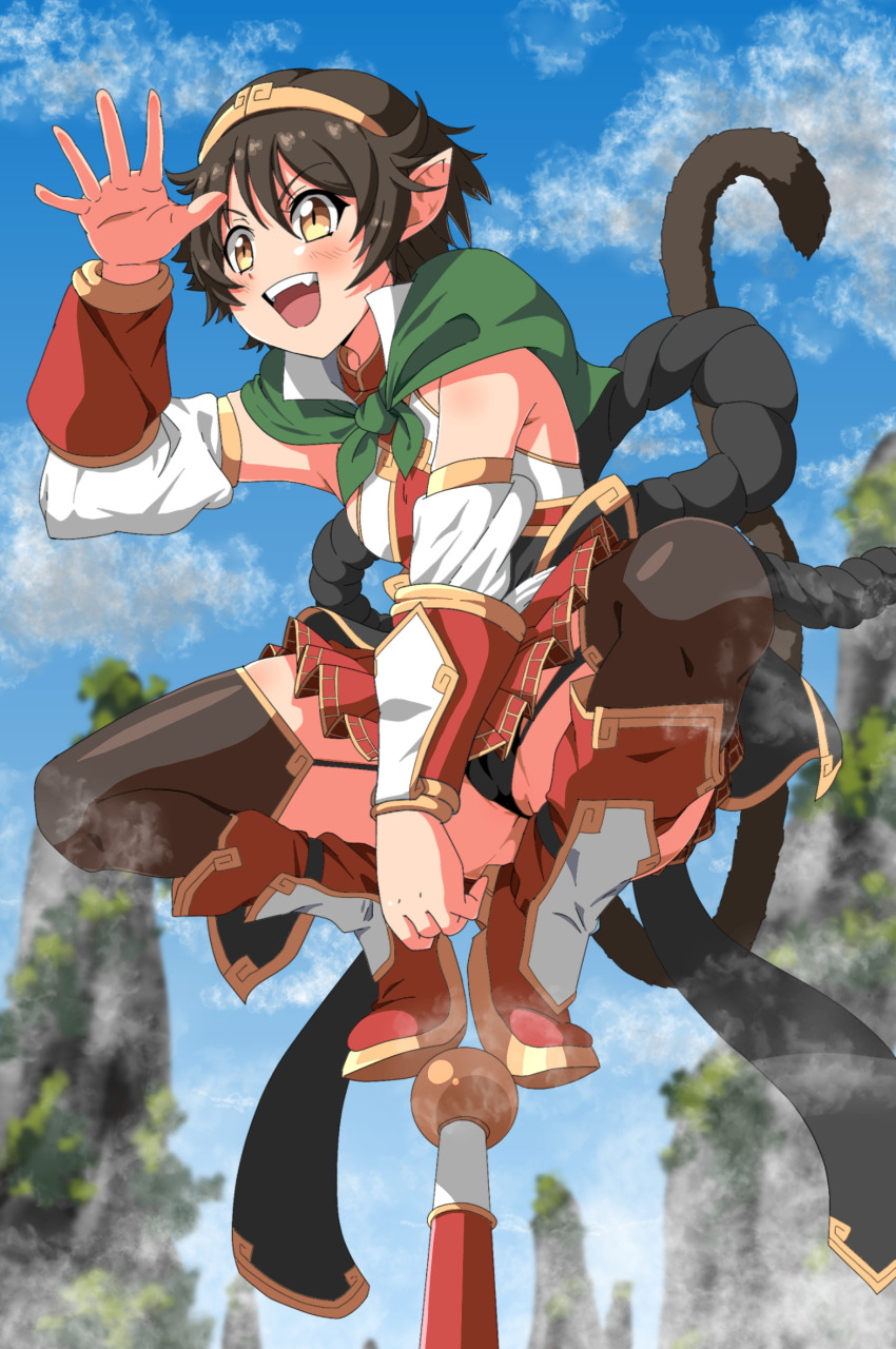 1girl, :d, black_hair, black_panties, black_thighhighs, blue_sky, boots, breasts, brown_eyes, capelet, day, green_capelet, grimms_notes, highres, monkey_girl, monkey_tail, open_mouth, outdoors, panties, red_skirt, ryohei_29, shading_eyes, skirt, sky, smile, solo, sun_wukong_(grimms_notes), sun_wukong_(original)_(grimms_notes), tail, thighhighs, underwear