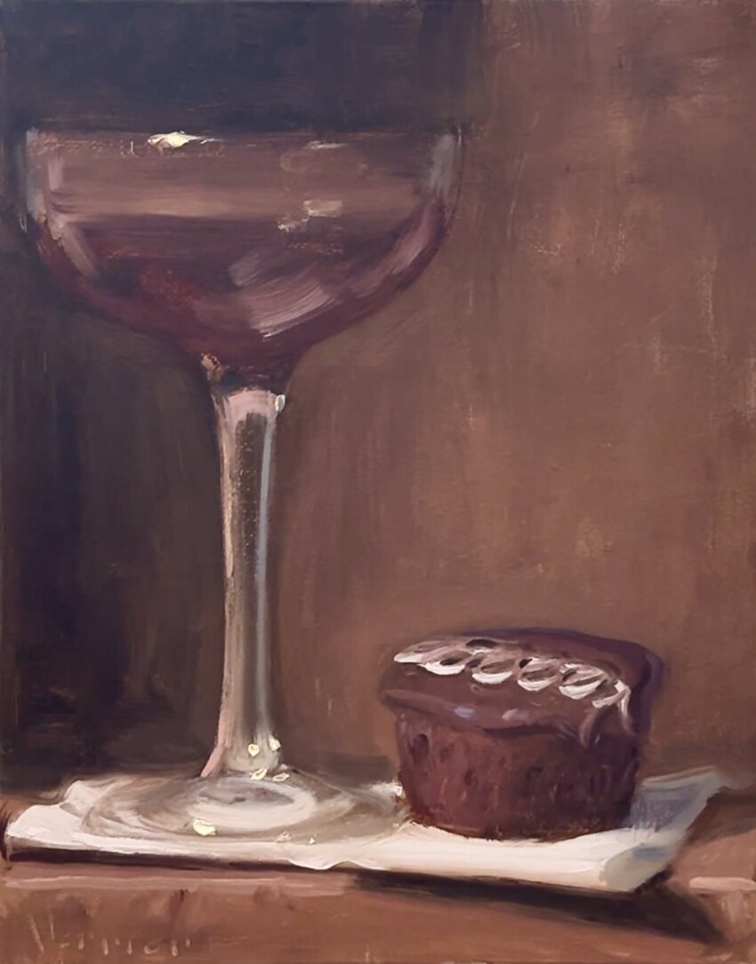 chocolate_icing, cocktail, cocktail_glass, commentary, cup, cupcake, drink, drinking_glass, english_commentary, espresso_martini, food, food_focus, highres, icing, martini, napkin, no_humans, noah_verrier, oil_painting_(medium), original, painting_(medium), still_life, traditional_media