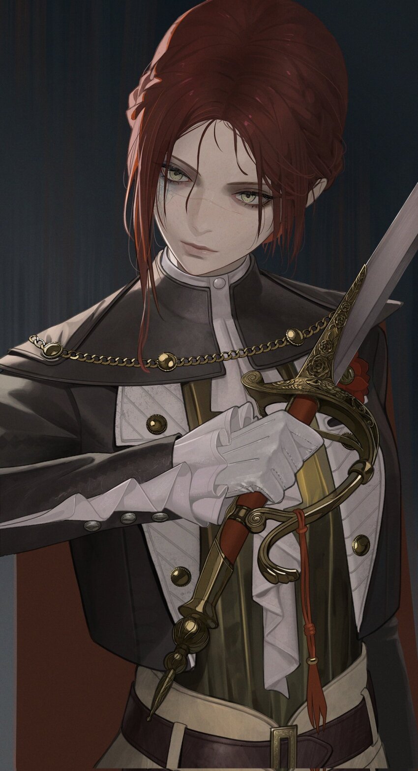 1girl, belt, character_request, closed_mouth, commentary, drid, english_commentary, frilled_sleeves, frills, gloves, grey_eyes, highres, holding, holding_sword, holding_weapon, lies_of_p, lies_of_p:_overture, red_hair, solo, sword, weapon, white_gloves