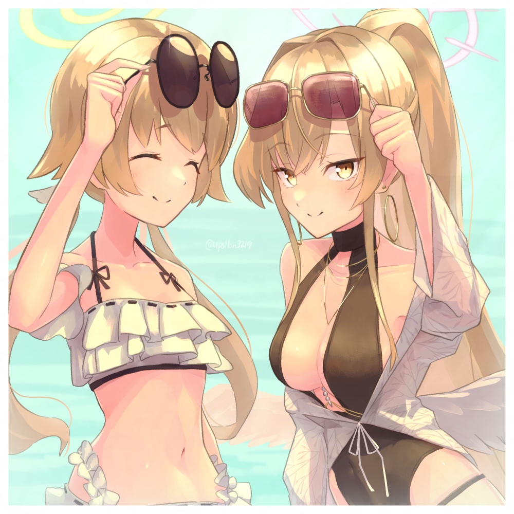 2girls, bare_shoulders, beach, bikini, black-framed_eyewear, black_leotard, black_ribbon, blonde_hair