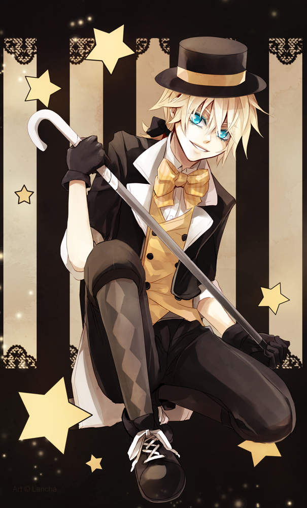1boy, argyle_clothes, argyle_legwear, blonde_hair, blue_eyes, bow, bowtie, cane, formal_clothes, gloves, hat, kagamine_len, kagamine_len_(tricker), lancha, male_focus, ponytail, solo, suit, top_hat, vocaloid, yumekui_shirokuro_baku_(vocaloid)