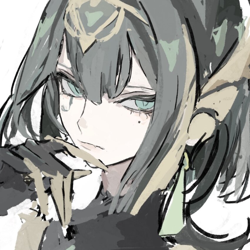 1girl, ancient_egyptian_clothes, black_gloves, blunt_bangs, bob_cut, claws, close-up, closed_mouth, facial_mark, genshin_impact, gloves, green_eyes, green_hair, hair_between_eyes, hair_intakes, hair_ornament, hand_up, head_tilt, headpiece, highres, leaning_to_the_side, long_hair, looking_at_viewer, looking_to_the_side, mole, mole_under_eye, nefer_(genshin_impact), pippi_c1, simple_background, sketch, slit_pupils, snake_girl, solo, unfinished, upper_body, white_background