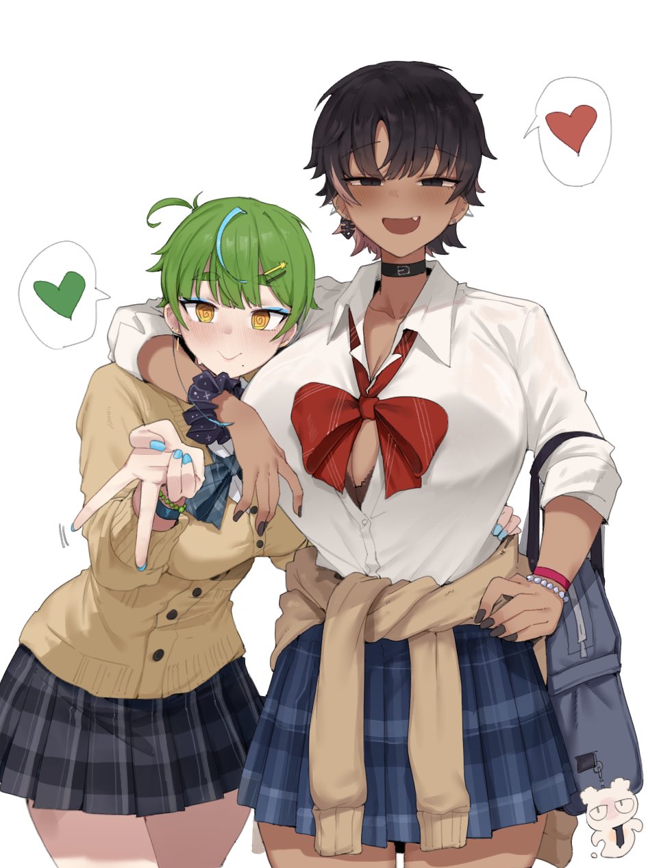 2girls, @_@, bag, black_choker, black_eyes, black_hair, black_nails, black_skirt, blue_hair, blue_skirt, bon_(vtuber), bow, bowtie, bra, bra_peek, brown_sweater, buttons, cardigan, choker, closed_mouth, collarbone, collared_shirt, dark-skinned_female, dark_skin, fang, fish_skeleton_earrings, green_hair, gurenola, hand_on_own_hip, highres, indie_virtual_youtuber, motion_lines, multicolored_hair, multiple_girls, open_mouth, pink_hair, plaid_clothes, plaid_skirt, red_bow, red_bowtie, school_bag, school_uniform, scrunchie, shirt, short_hair, skirt, smile, streaked_hair, sweater, tied_sweater, underwear, viri_morelia, virtual_youtuber, white_shirt, wrist_scrunchie, yellow_cardigan, yellow_eyes