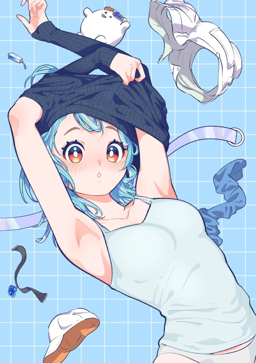 1girl, :o, armpit_focus, armpits, arms_up, baseball_cap, belt, black_choker