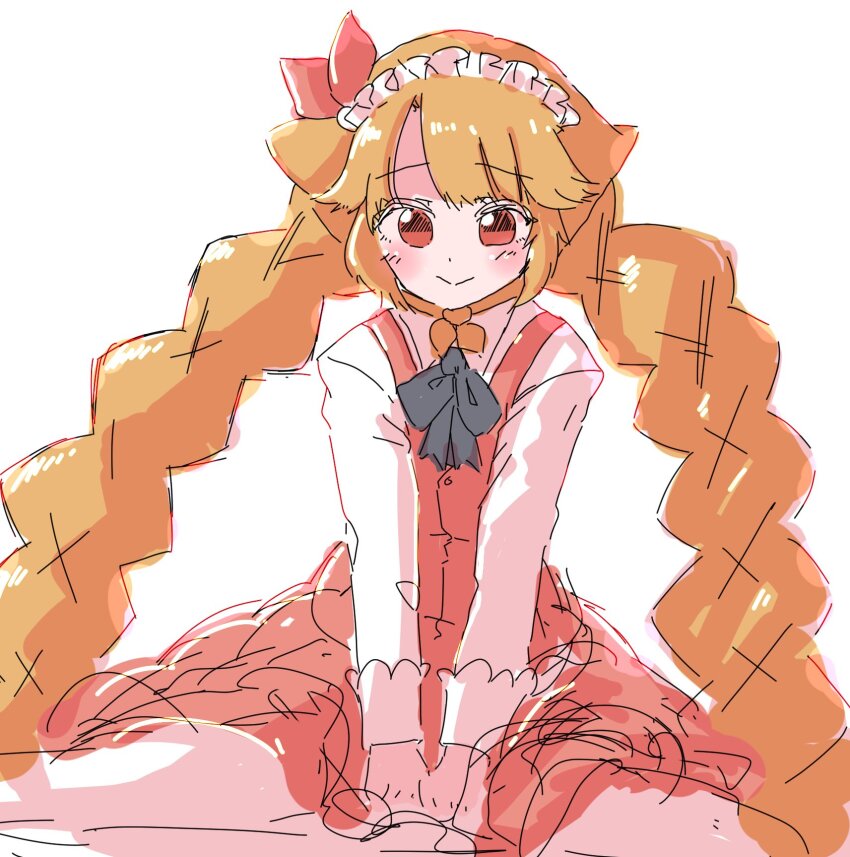 1girl, bad_id, bad_twitter_id, braid, grimms_notes, highres, little_match_girl_(grimms_notes), little_match_girl_(repage)_(grimms_notes), orange_hair, sitting, smile, solo, twin_braids, viuiachan