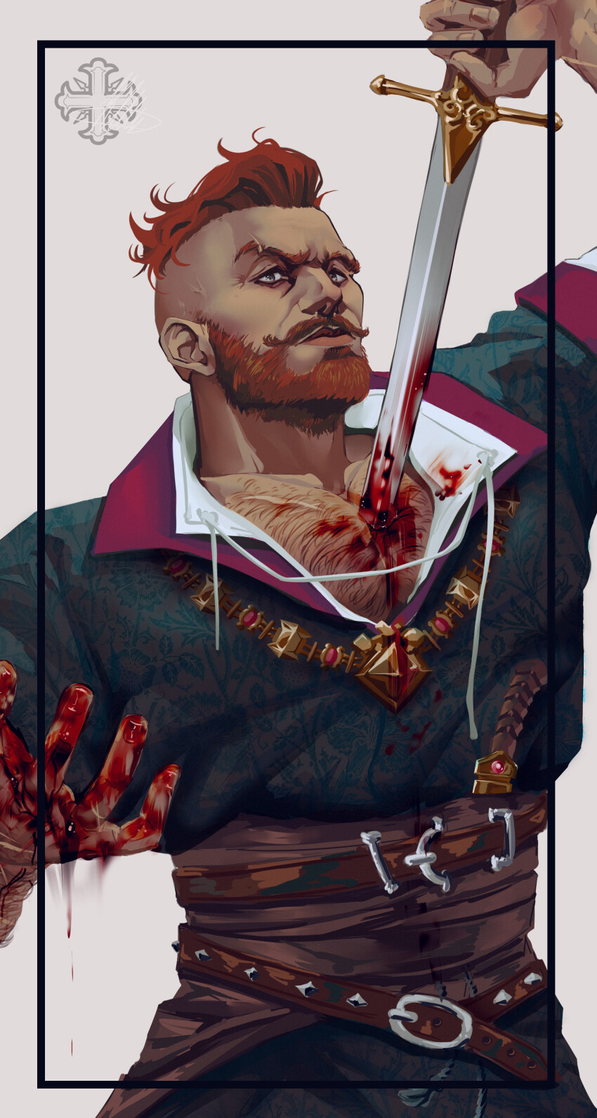 1boy, absurdres, asymmetrical_hair, beard, blood, blood_on_hands, cross, darja_klisnikova