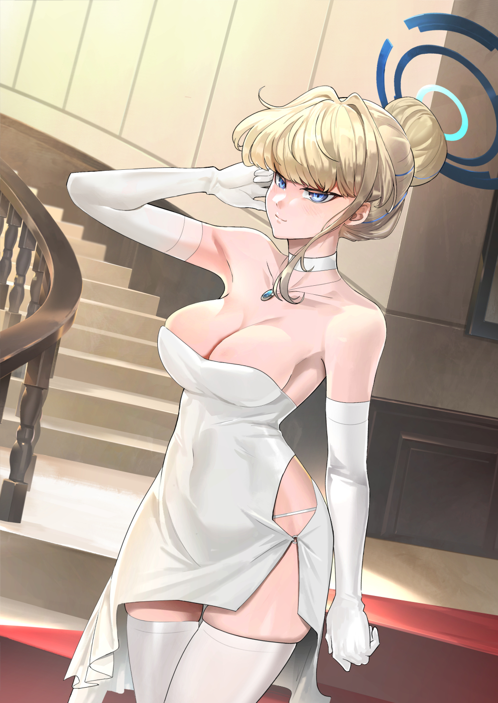 1girl, blonde_hair, blue_archive, blue_eyes, blue_hair, blue_halo, blunt_bangs, breasts