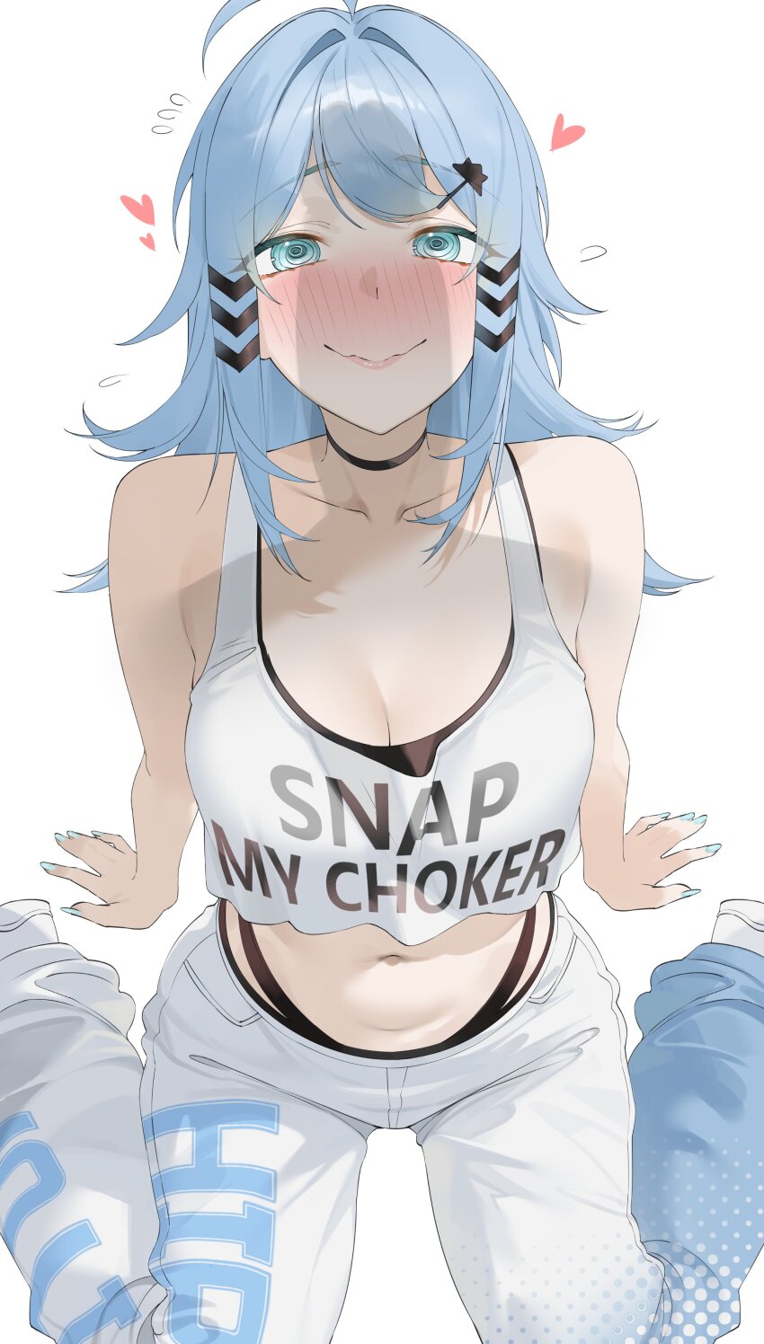 1girl, @_@, absurdres, aegis-link, ahoge, arm_support, black_choker, black_panties, blue_hair, blue_nails, blush, breasts, byeon_dha, chevron_(symbol), choker, cleavage, closed_mouth, clothes_writing, collarbone, crop_top, fingernails, flying_sweatdrops, from_above, hair_ornament, hairclip, heart, high-waist_panties, highres, long_fingernails, long_hair, medium_breasts, midriff, navel, nose_blush, panties, pants, penis_awe, penis_shadow, raised_eyebrows, sitting, smile, snap_my_choker_(phrase), solo, tank_top, triggerphish, underwear, virtual_youtuber, wariza, wavy_mouth, white_pants, white_tank_top