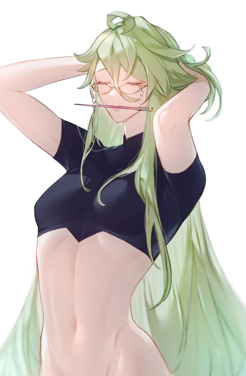 1girl, absurdres, baizhu_(genshin_impact), celestial_sect, chinese_hairpin, closed_eyes, crop_top, cropped_torso