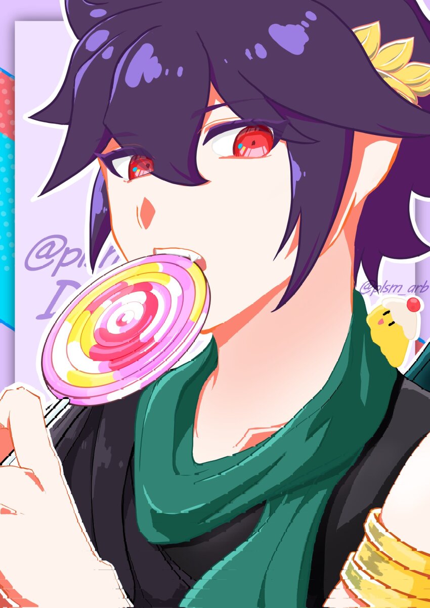 1boy, 1other, araba, black_hair, candy, dark_pit, food, green_scarf